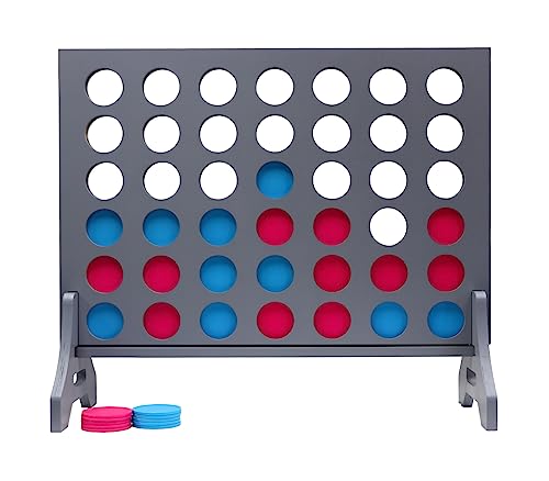 Image of Giant 4 in a Row Game for Family & Adults - Tailgating Pros Jumbo Grey Wooden Four in a Row Indoor & Outdoor Yard Game for Family Party Fun, Portable Activities for Patio, Backyard, and Camping