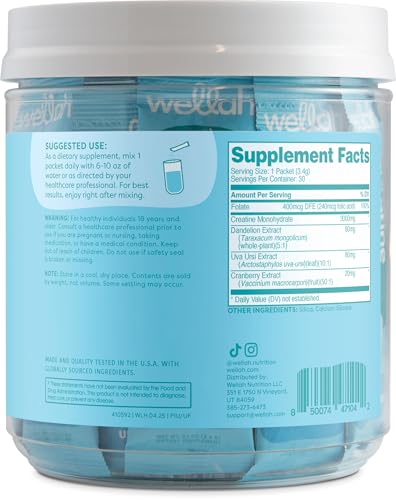 Image of Wellah Creatine for Women (Unflavored) 30 Stick Packs - 3g of Creatine Monohydrate with Dandelion, Uva Ursi, & Cranberry Extract, to-Go Packets