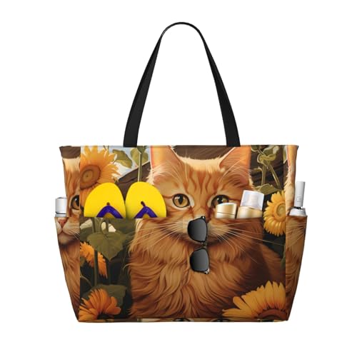 Sunflower Cat Pattern Beach Bag for Women Waterproof Large Beach Tote Bags Ladies Swim Pool Bag with Zipper
