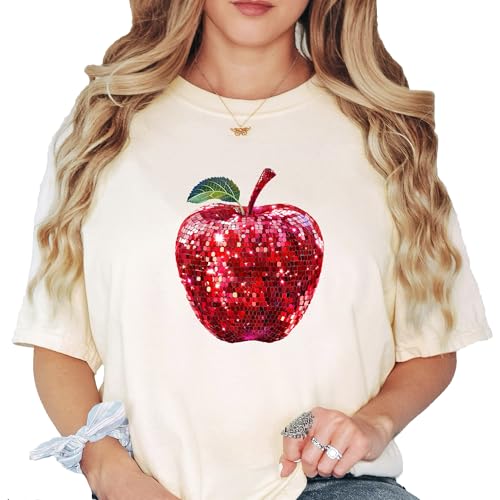 Red Disco Apple Shirt for Women & Teens Faux Glitter Apple Tee for Teachers and Students2