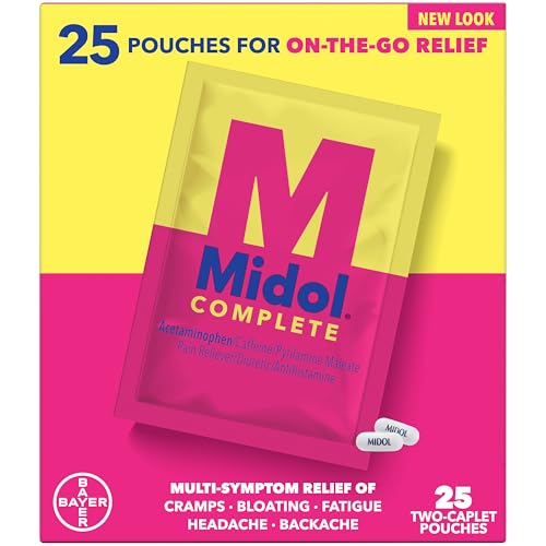 Midol Complete On The Go Caplets with Acetaminophen for Menstrual Symptom Relief, Period Cramp and Menstrual Pain Relief, 50 Count (25 Pouches of 2)