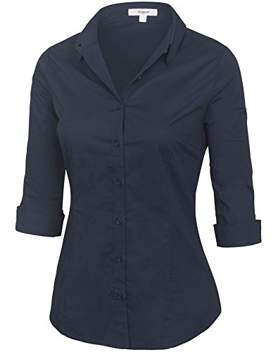KOGMO Womens Classic Solid 3/4 Sleeve Button Down Blouse Dress Shirt (S-3X)-S-Navy