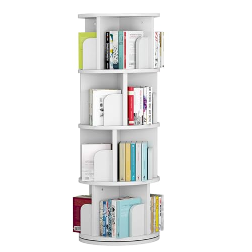 Rotating Bookshelf, 4-Tier Bookcase Storage Rack for Kids & Adults, Corner Spinning Book Shelf for Small Space, Wood Revolving Bookcase Organizer for Bedroom, Living Room, White