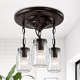 RUZINIU Flush Mount Ceiling Lights, Mason Jar Ceiling Light Fixtures Farmhouse 3 Lights Flush Ceiling Light Dark Brown for Kitchen Dining Room Hallway Entryway