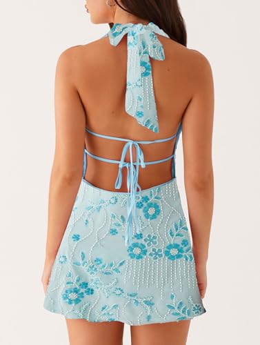 Image of Women Halter Low Neck Mini Dress Sexy Cutout Sleeveless Boho Short Dresses Open Back Night Party Going Out Sundress