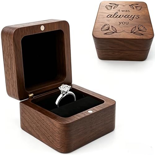 molchagar Personalized Engraved Wooden Ring Box for Wedding Ceremony,Engagement Ring Holder Box with Single Slot,Rustic Vintage Square Wedding Ring Box for Ring(It Was Always You)