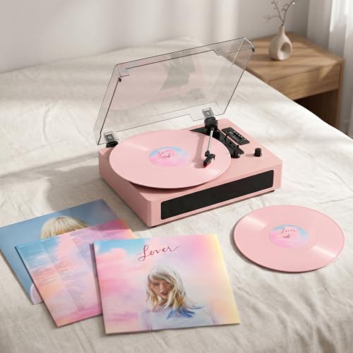 Image of Vinyl Record Player 3 Speeds with Speakers, Bluetooth, USB Recording,Pink | Built-in stereo speakers, Digital display,USB /TF recording and playback, Shortcuts, auto stop, RCA output, AUX input, EQ
