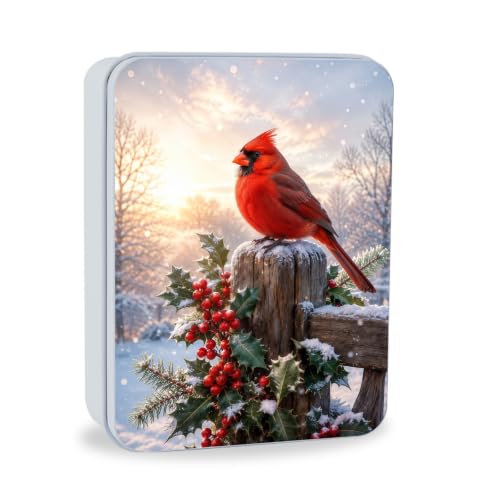 Image of Decorative Metal Tin Box with Lid,Red Cardinal Winter Organizer