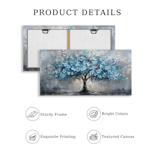 crmotu Tree of Life Large Wall Art for Living Room, Cherry Blossom Abstract Canvas Art Prints, Blue Flowers Tree Pictures Wall Decor, Nature Plant Modern Bedroom Bathroom Office Decor 24"X48"