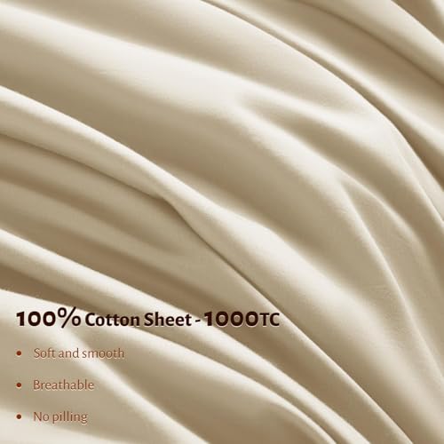 Shilucheng 100% Egyptian Cotton King Size Sheets Set - 1000 Thread Count,Luxury Cotton Bed Sheets,Breathable & Cooling Bedding and Pillow Cases, 16 Inch Deep Pocket - 4 Piece (Beige, King)