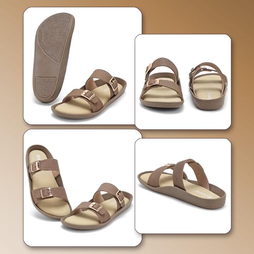 Image of Women Denim Double Strap Buckle Slides | Comfortable Casual Flat Slippers for Women | Lightweight Open Toe Slip-On Sandals Everyday Wear