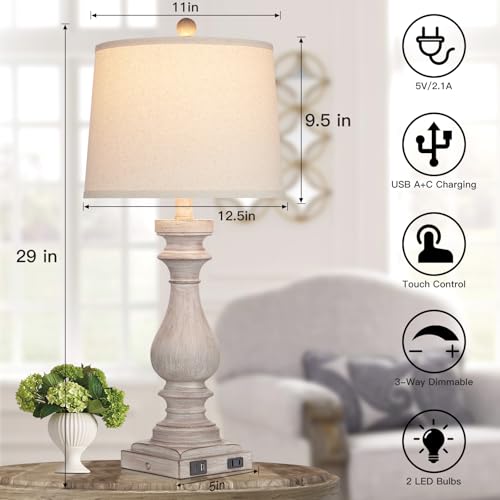 Cinkeda 29" Tall Table Lamp for Living Room Set of 2,Vintage Bedside Nightstand Lamps with USB C+A Ports & AC Outlet,3-Way Dimmable Touch Control Desk Lamp for Bedroom,Color 2 by Cinkeda - Used condition - Image 4