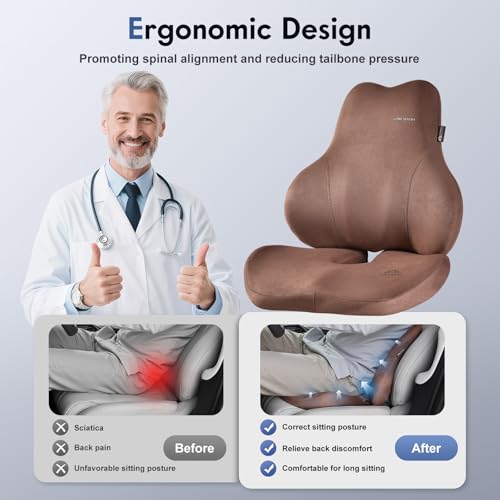Image of Coverado Memory Foam Car Seat Cushion and Lumbar Support Pillow for Car, Ergonomic Office Chair Cushion for Lower Back Pain Relief, Breathable & Non-Slip for Car, Home, and Office Use, Coffee