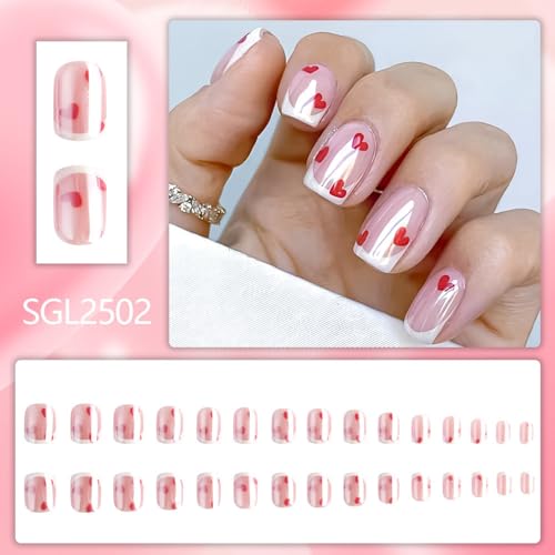 Image of White French Tip Press on Nails Heart Fake Nails Short Square False Nail Press ons Chrome with Design Reusable Glossy Full Cover Stick on Nail for Women Girls Manicure 24Pcs
