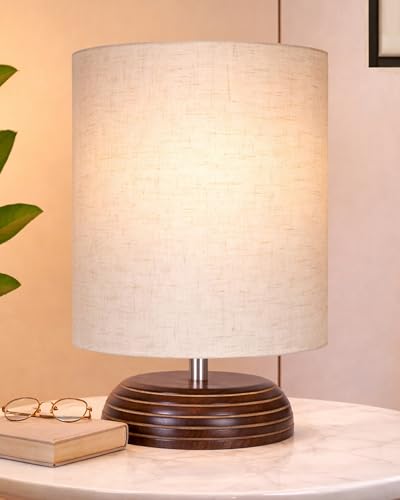 Image of Homesake Wooden Base Table Lamp with Fabric Drum Shade Aara | Warm Ambient Bedside Lamp for Bedroom, Living Room, Study, Office, Modern Classic Night Lamp Home Decor, (KD Khadi Shade)