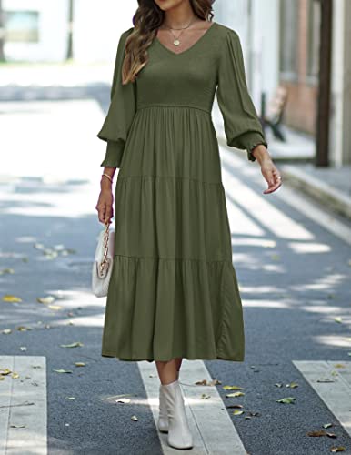 Zesica Women's 2023 Casual Long Sleeve Crew Neck High Waist Smocked Flowy Tiered Midi Dress,Vneckolive,Medium #TOP1