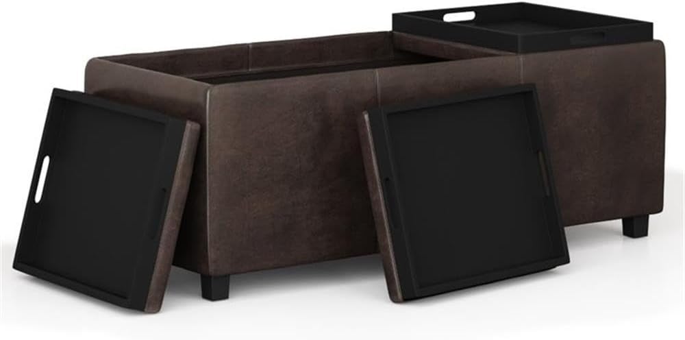 Pemberly Row Faux Air Leather Storage Ottoman, Distressed Brown Upholstery, Solid Wood Frame, 3 Flip Over Serving Trays, Large Interior Storage, Rectangular Bench for Living Room or Bedroom Use