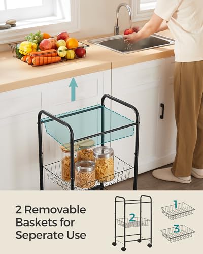 SONGMICS 3-Tier Metal Rolling Cart on Wheels with Baskets, Lockable Utility Trolley with Handles for Kitchen Bathroom Closet, Storage with Removable Shelves, Black UBSC03BK - Thumbnail 6