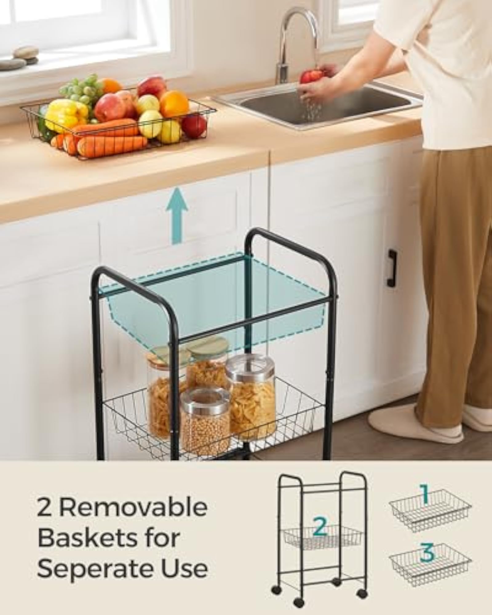 3-Tier Metal Rolling Cart with Baskets, Lockable Utility Trolley