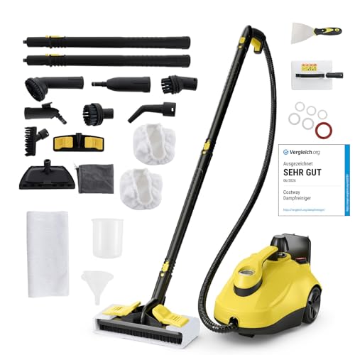 COSTWAY Limpiador a Vapor de 2000W, Multiuso Limpiador de Vapor con 16 Accesorios y Tanque Grande de 1,8 L, Máquina de Limpieza a Vapor con Ruedas para Pisos, Ventanas, Vidrio, Alfombras (Amarillo)