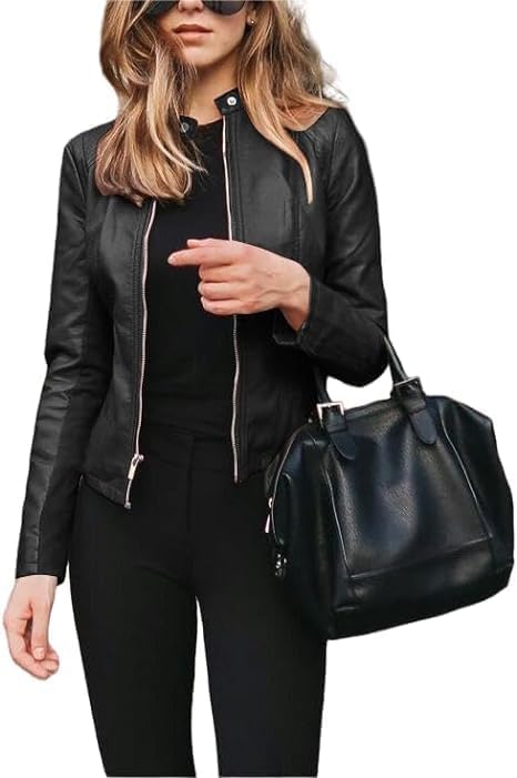 Women's 2024 Fall Faux Leather Biker Motorcycle Jacket Plus Size Long Sleeve Zipper Slim Fit Short Casual Coat