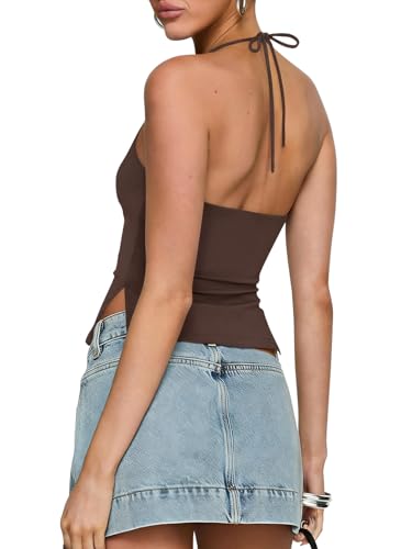 PINKMSTYLE Womens Sexy Halter Top Backless Double Lined Tank Top Spaghetti Strap Going Out Camisole Tops Brown Small — view 6