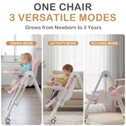 Image of 3-in-1 Foldable High Chairs for Babies and Toddlers with Rocking Mode | Baby High Chair with 5 Height Levels, Adjustable Backrest & Footrest, Lockable Wheels