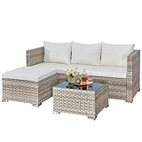 Aweather 3 Pcs Rattan Garden Furniture Set - 4 Seater Outdoor Corner Sofa, All-Weather Handwoven PE, Small Patio Conversation Set with Washable Cushions & Coffee Table, Outdoor Patio Furniture