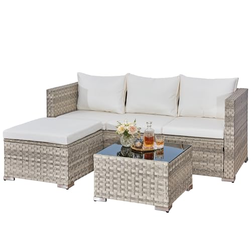 Aweather 3 Pcs Rattan Garden Furniture Set - 4 Seater Outdoor Corner Sofa, All-Weather Handwoven PE, Small Patio Conversation Set with Washable Cushions & Coffee Table, Outdoor Patio Furniture