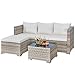 Aweather 3 Pcs Rattan Garden Furniture Set - 4 Seater Outdoor Corner Sofa, All-Weather Handwoven PE, Small Patio Conversation Set with Washable Cushions & Coffee Table, Outdoor Patio Furniture