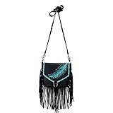 weiches Rindleder Handtasche Schultertasche Westerntasche Montana West Leder mit Fransen, Feder u. Nieten (Schwarz)