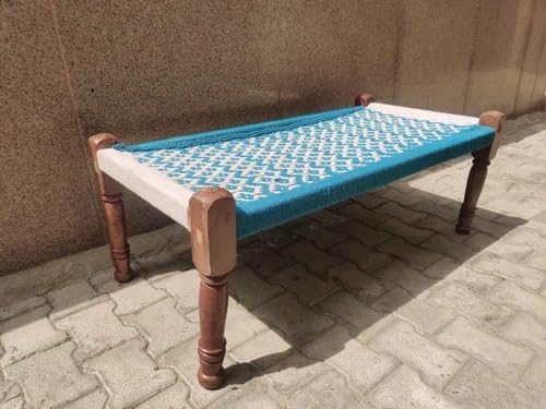Image of Handwoven Wooden Bench | Traditional Rope Charpai Stool | Solid Wood Frame Seating for Living Room, Balcony & Outdoor | Durable & Stylish Design ((Blue & White Finish))