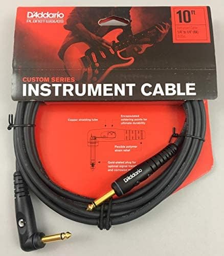 D'Addario Guitar Cable - Guitar Lead - Shielded Ends - 1/4 Inch Male to 1/4 Inch Male - Custom Series - 10 Feet/3.05 Meters - Straight End/Right Angle - 1 Pack