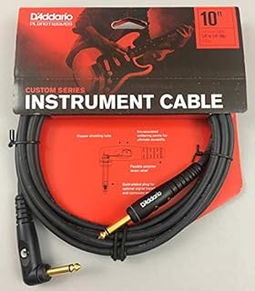 D'Addario Guitar Cable - Guitar Lead - Shielded Ends - 1/4 Inch Male to 1/4 Inch Male - Custom Series - 10 Feet/3.05 Meters - Straight End/Right Angle - 1 Pack