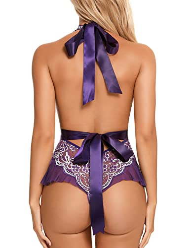 Rslove Teddy Lingerie For Women Lace Bodysuit Halter V Neck Teddy Lingerie Negligee Babydoll Purple L #TOP3
