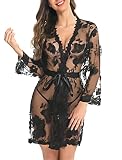 Aranmei Damen Spitze Kimono Robe Floral Babydoll Braut Dessous Mesh Nachthemd, Black, 36