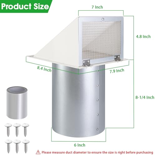 6 Inch Hooded Wall Vent with Screen and Damper,6 Inch Exhaust Vent Cover Cap for Outdoor Kitchen Range Hood Dryer Ventilation,Outside Wall Mount Extractor for House Air Exhaust,Galvanized Steel,White by JYINCPED - Image 2