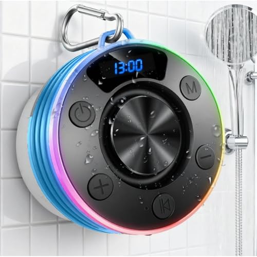 Image of Shower Bluetooth Speaker, IPX7 Waterproof Portable Bluetooth Speakers with Suction Cup, Digital Display, Stereo Sound Rich Bass,Hook Clip,Built-in Mic, Wireless Shower Speaker, Blue