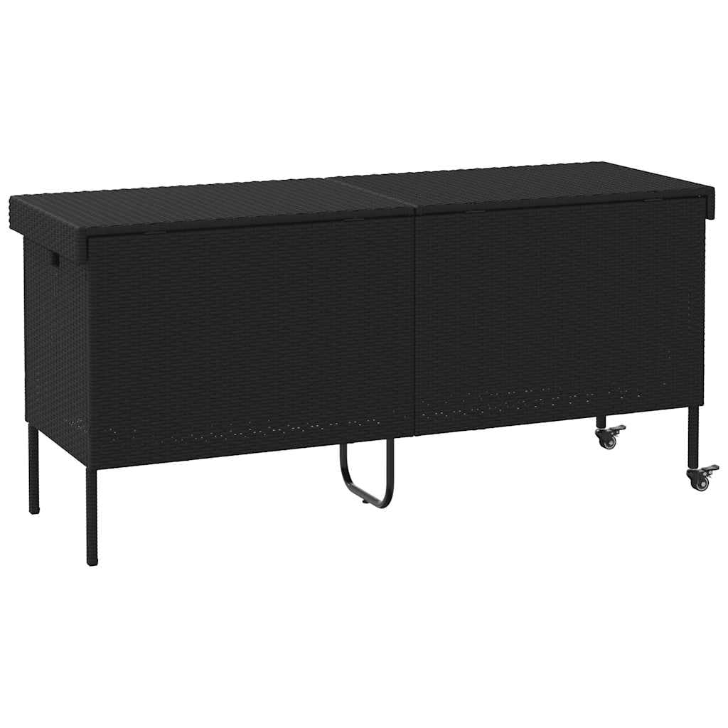 Skrzynia ogrodowa na kółkach, czarna, 160 x 55 x 75 cm, polirattan, skrzynia ogrodowa, skrzynia na poduszki, na taras, balkon, do przechowywania, przechowywania w sposób odporny na warunki