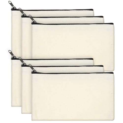Quilax 6Pcs Canvas Zipper Pencil Pouch Bulk, Blank DIY Craft Bag Canvas Pencil Case, Multipurpose Toiletry Tote Bag for Makeup Cosmetic, Invoice Bill, Travel Toiletry