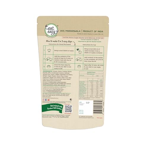 Image of Eat Easy Ready to Eat Veg Makhanwala 85g (Pack of 2) After Preparation 300g | Just Add Hot Water & Cook, Freeze Dried Instant Makhanwala Sabzi | Indian Food for Travel, Camping, Hostel | No Preservatives