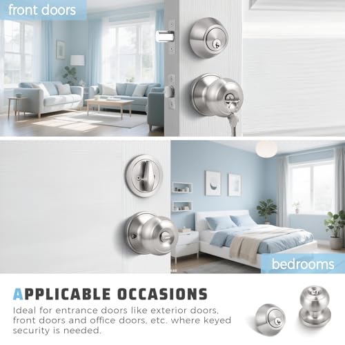 KNOBWELL Keyed Entry Door Knob and Single Cylinder Deadbolt Combo Set, Exterior Door Knobs for Entrance and Front Door, Keyed Alike Knob and Deadbolt, Satin Nickel, 3 Pack by KNOBWELL - Image 4
