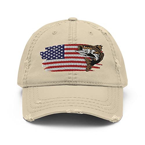 BASS Fishing Distressed Dad Hat | USA - American Flag Cap - Fisherman Gift Idea Khaki, One Size