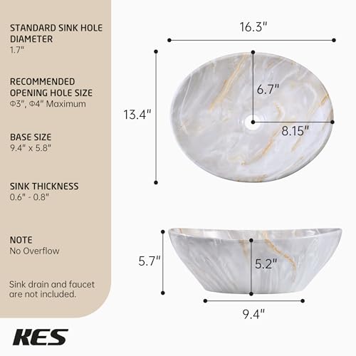 KES 16 x 13 Inch Oval Soft Clouded Marbling Vessel Sink Above Counter, Ceramic Porcelain Bathroom Sink Bowl for Vanity Countertop, Modern Look, No Overflow, Sink Only, BVS124-MBE by KES - Used condition - Image 8