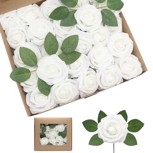 ZAMMAZ White Artificial Roses Flowers 100pcs Real Looking Foam Fake Roses with Stems for DIY Wedding Bouquets Bridal Shower Centerpieces Party Decorations (White)