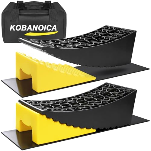 Kobanoica BLACK-YELLOW Rv Leveling Blocks,Camper Trailer Leveler 2 Packs,Includes Rv Curved Leveler Ramp,Wheel Chock,Rubber Mat And Carry Bag,Upgrade Rv Leveling System cover