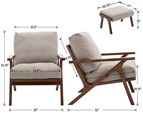 Mid Century Modern Accent Chair With Ottoman, Farmhouse Linen Upholstered Living Room Armchair And Ottoman Set, 23" Seat Wide Retro Leisure Lounge Chair With Wood Frame For Home, Bedroom, Beige #TOP1