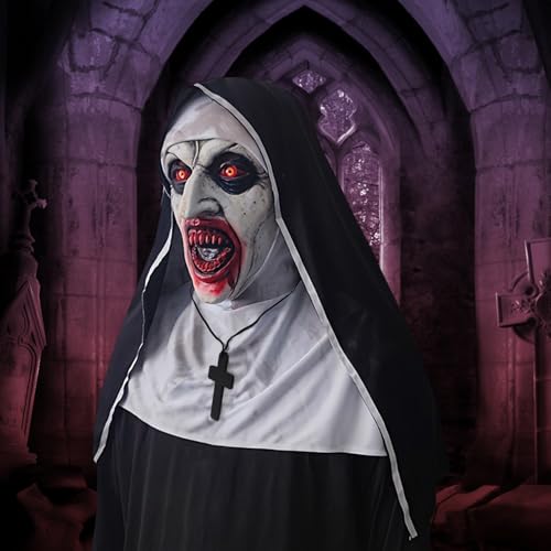 NTSWZYS Adult Full Head Realistic Evil Nun Mask with Headscarf, Nun Costume Mask with Bloody Mouth for Halloween Party Props(Style 2-Red) by NTSWZYS - Used condition - Image 6