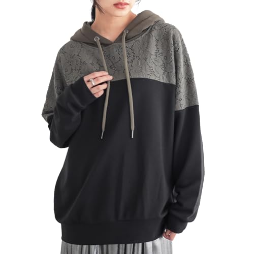 [n'OrLABEL] オシャレウォーカー【レース×配色デザインパーカー】長袖パーカー レディース フード 春 秋 冬 フーディー スウェット プルオーバー トップス 裏毛 レース 大きいサイズ ゆったり 体型カバー tcn1018のサムネイル