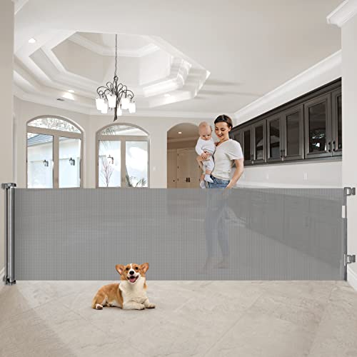 120 Inch Extra Wide Baby Gates For Large Openings, Retractable Baby Gates 34” Tall, Extra Long Baby Gate Child Gates For Wide Openings Large Dog Gate For Doorways Long Dog Gate Indoor Outdoor, Grey #TOP10